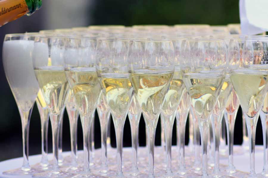 Many champagne flute glasses filled with champagne and bubbling standing very close together on a white table.